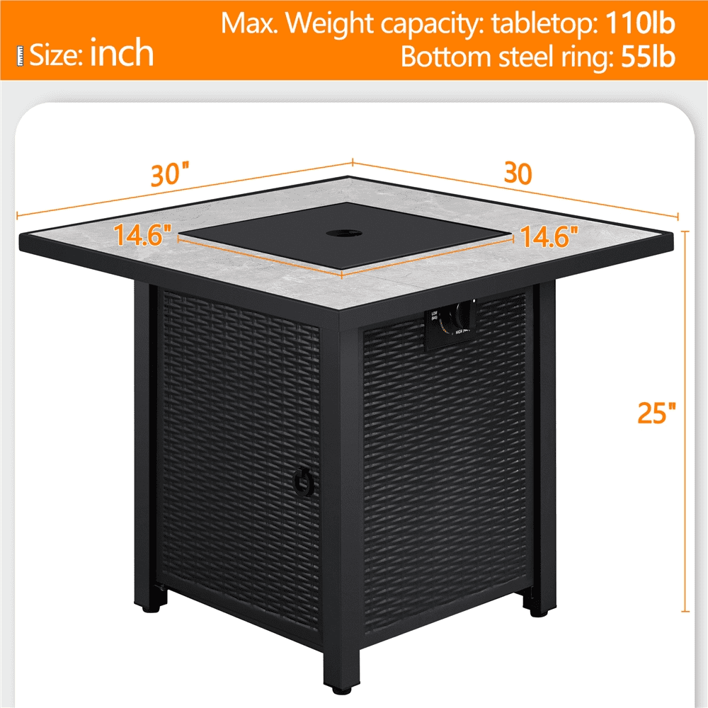 30'' Outdoor Square Propane Fire Pit Table 50,000 BTU Gas w/ Ceramic Rattan Pattern Steel Base Glass Black-Aldronix