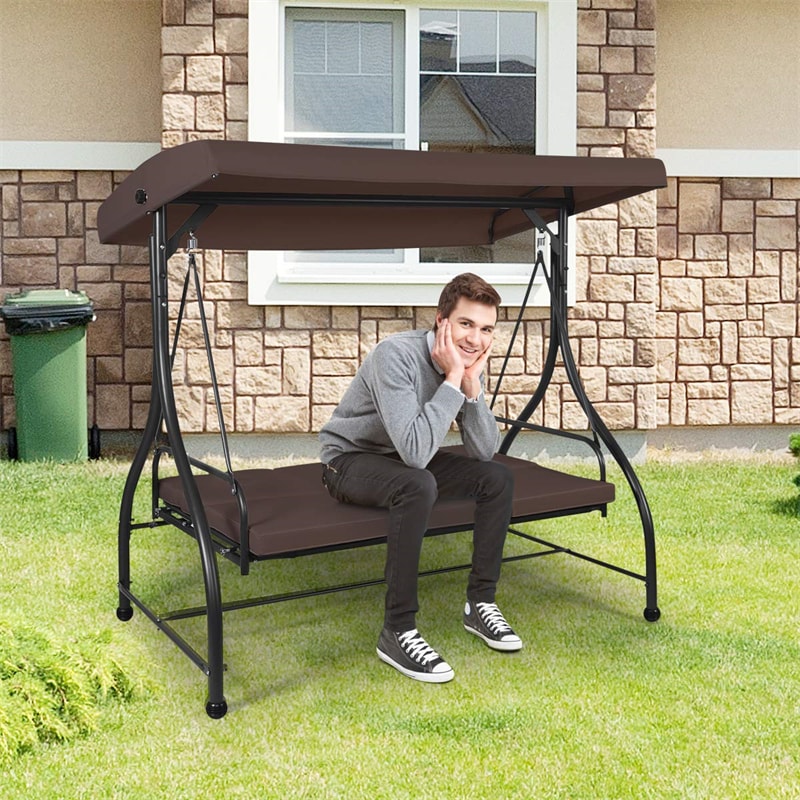 3 Seats Outdoor Patio Porch Swing Chair with Cushion Seat & Adjustable Tilt Canopy-Aldronix