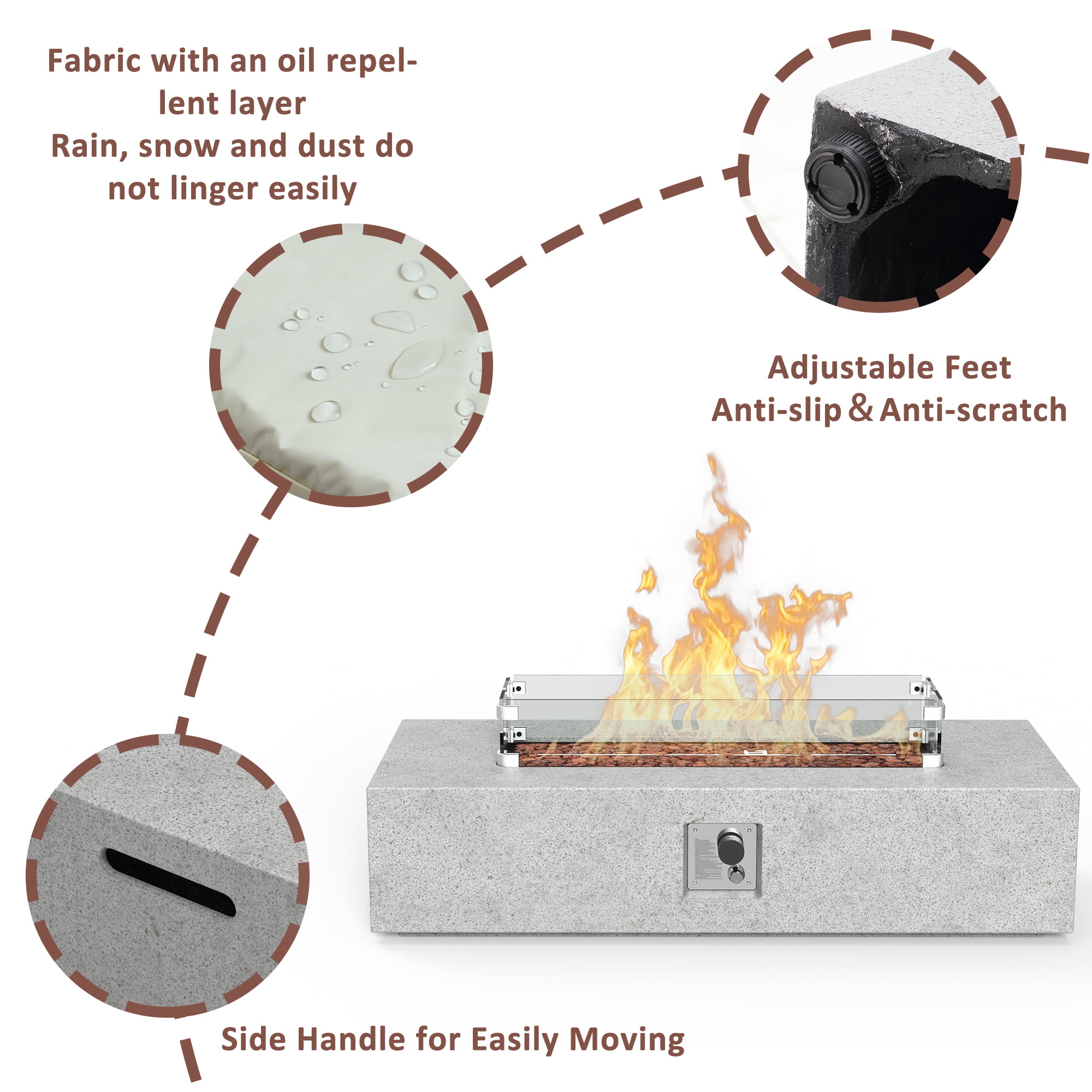 56 inch Concrete Propane Fire Pit Table, 50,000 BTU Outdoor Firepit Rectangular Table with Propane Tank Metal Stand, Fire Glass Beads and Waterproof Cover, White-Aldronix