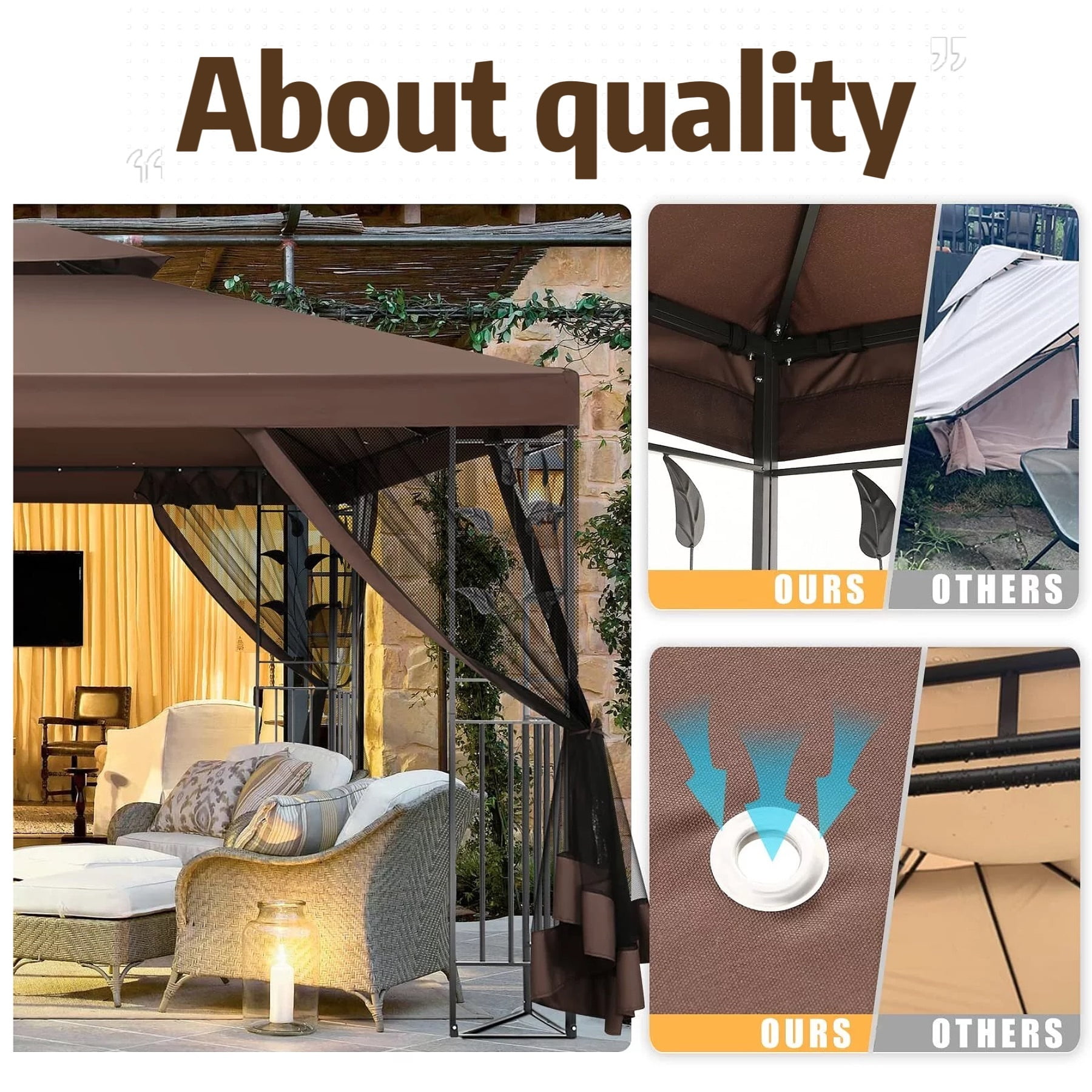 10'x 13' Metal Patio Gazebo, Outdoor Gazebo Canopy Tent for Backyard with Mosquito Netting, Gazebos Shelter with Steel Frame, Patio Covers for Sun and Rain, Brown-Aldronix