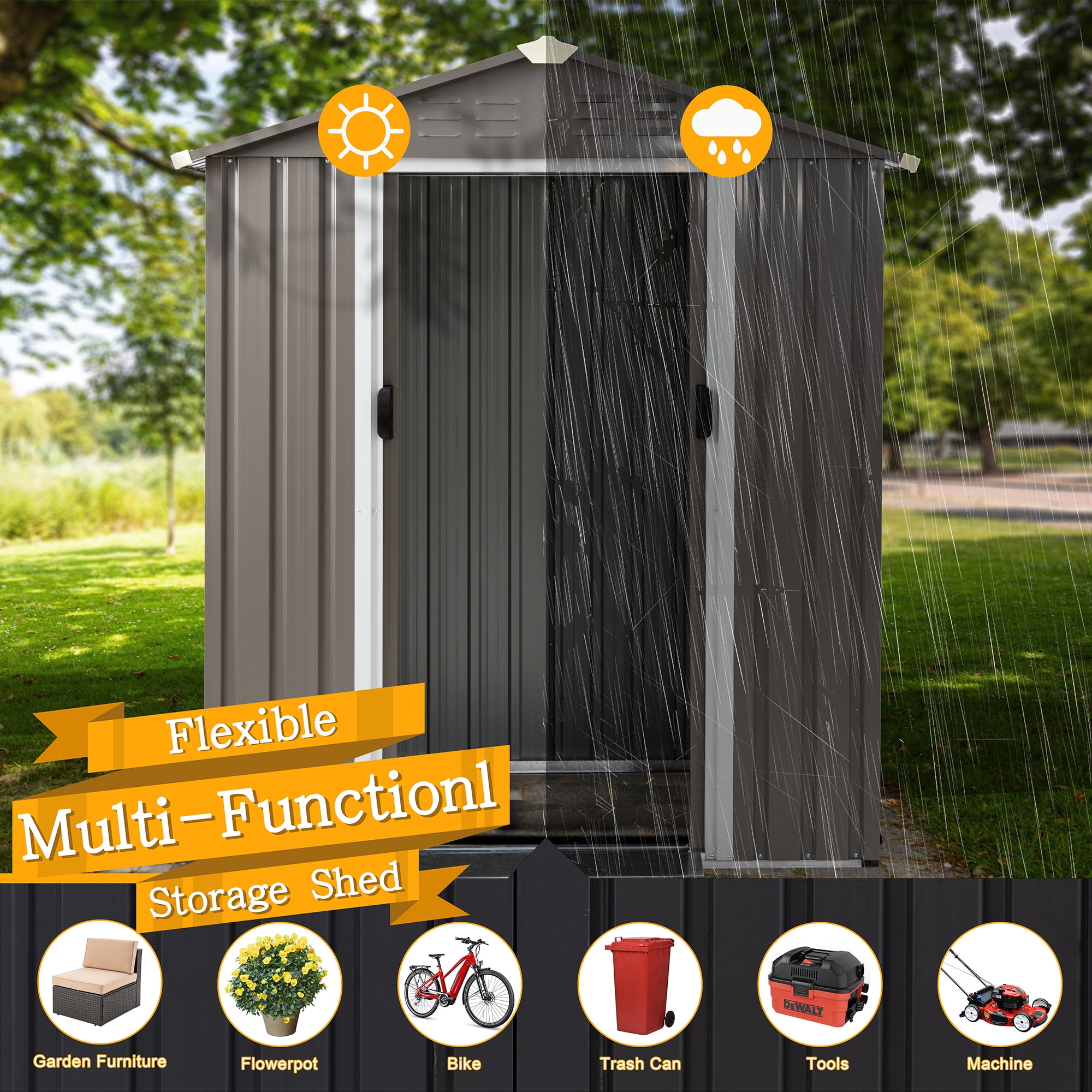5X3 FT Outdoor Storage Shed,Waterproof Metal Garden Sheds with Lockable Double Door,Weather Resistant Steel Tool Storage House Shed Grey-Aldronix