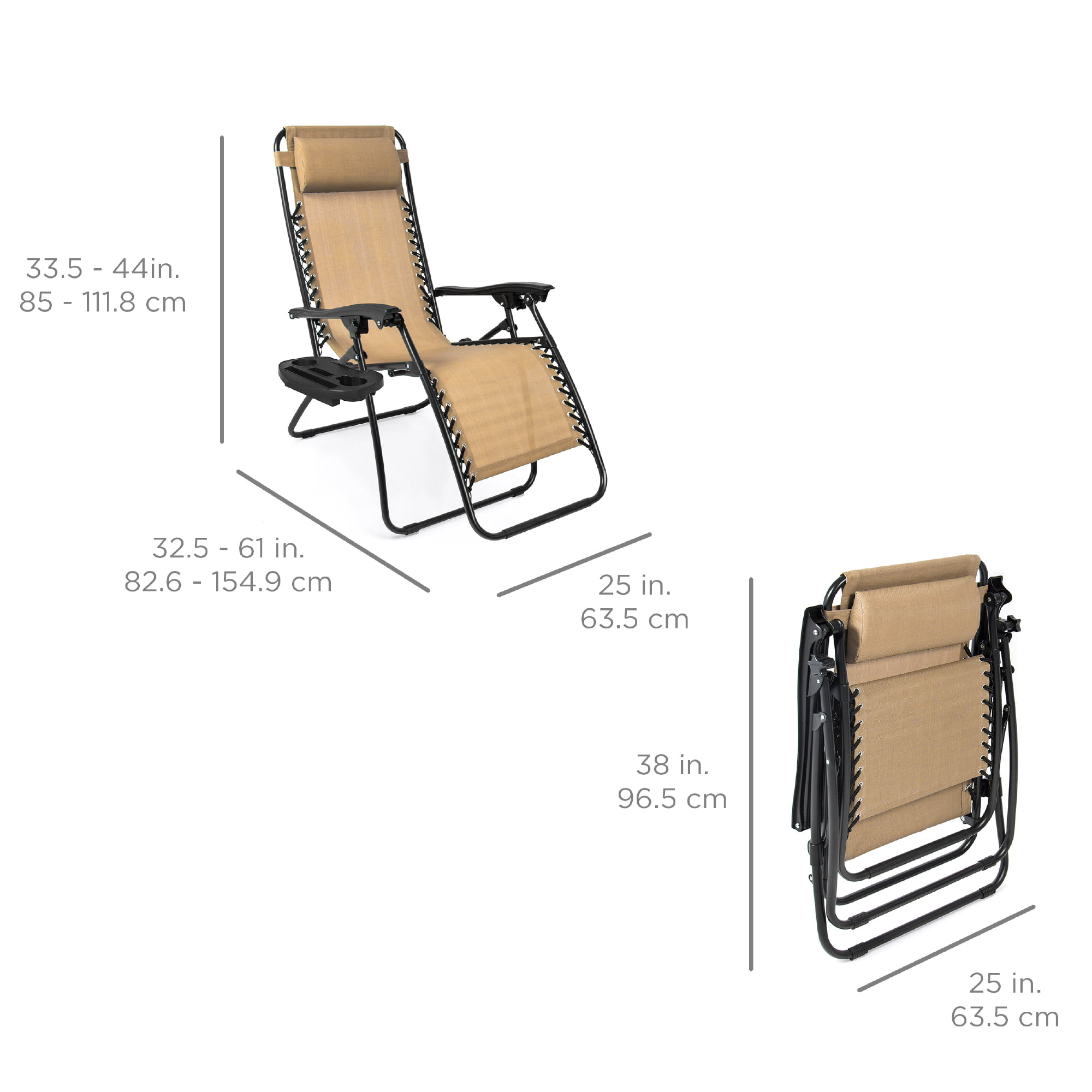 Set of 2 Zero Gravity Lounge Chair Recliners for Patio, Pool w/ Cup Holder Tray - Navy Blue-Aldronix
