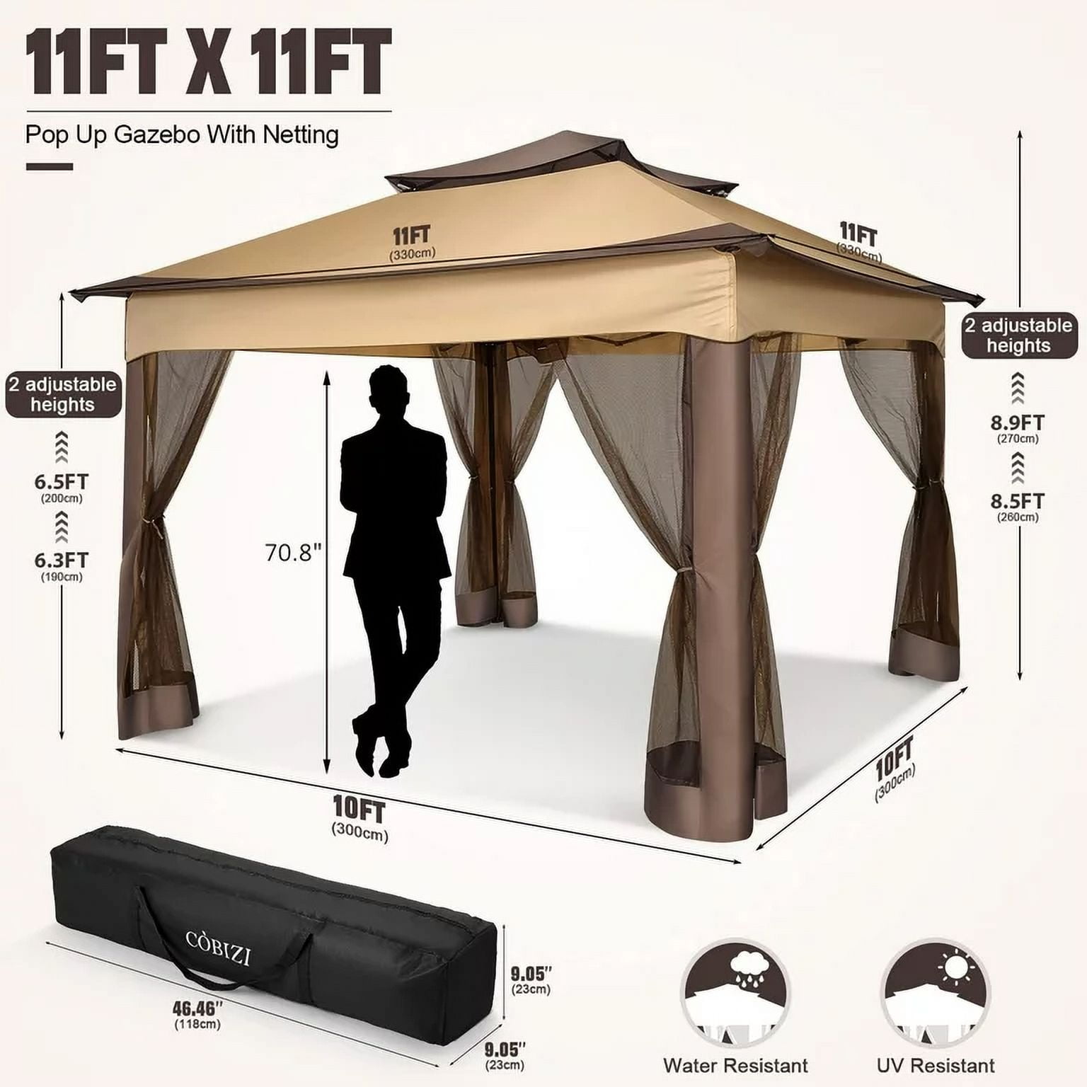 11x11 Pop up Gazebo Outdoor Canopy Gazebo Patio Gazebo with Mosquito Netting Canopy Shelter with 121 Square feet of Shade for Poolside, Garden, Party and Backyard, Khaki-Aldronix