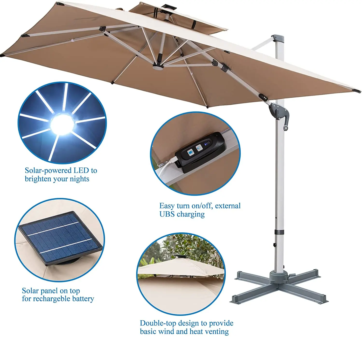 Solar Powered LED Cantilever Patio Umbrella-Aldronix