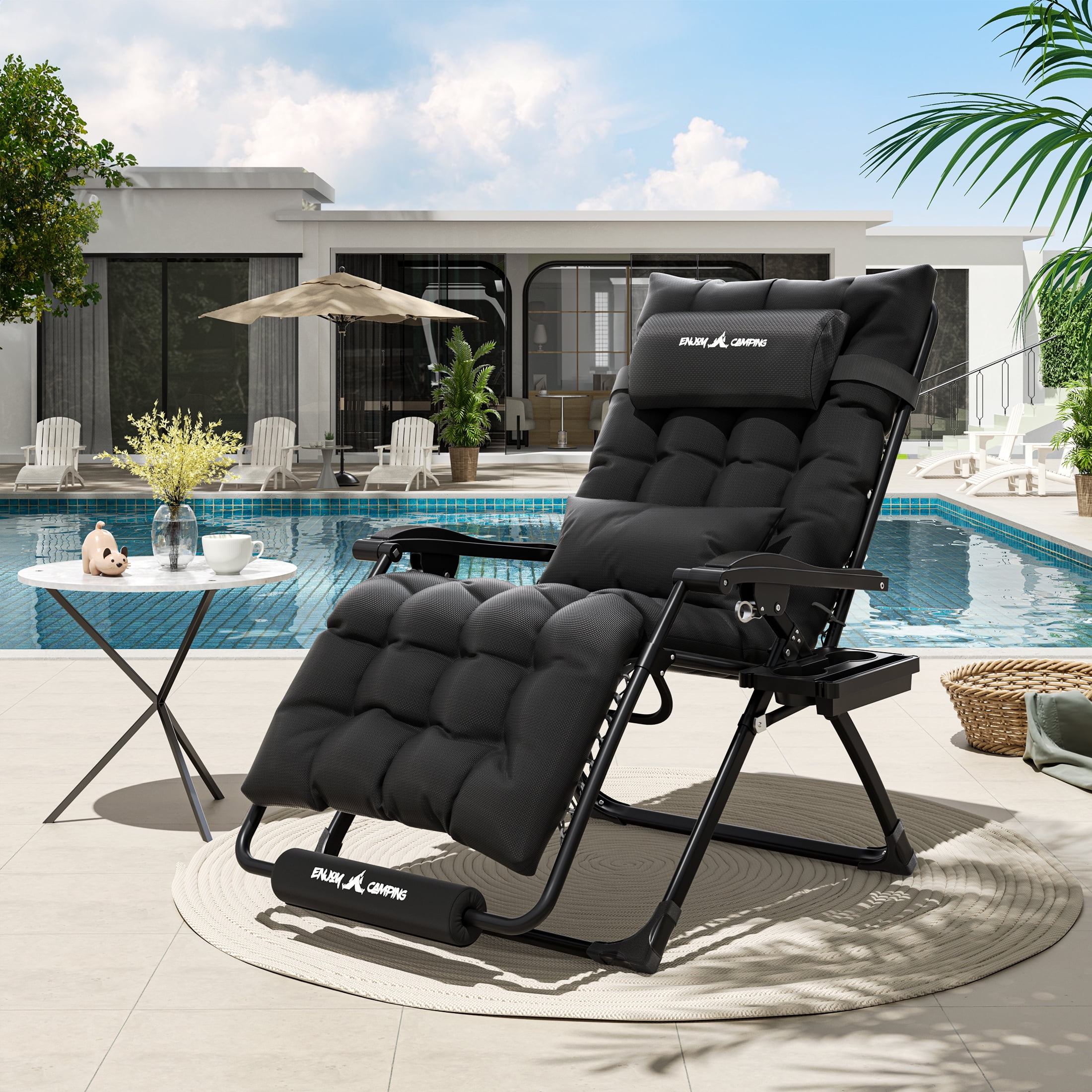 Oversized Zero Gravity Chair 33In XXL Patio Reclining Chair with Cushion, Outdoor Folding Adjustable Recliner with Cup Holder, Foot Rest & Padded Headrest, Support 500LB, Black-Aldronix