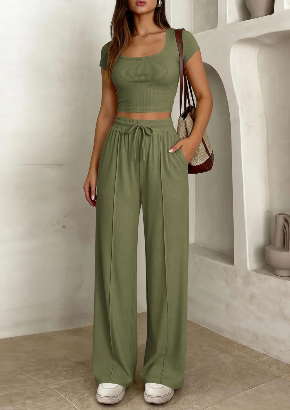 Women's 2 Piece Outfits Square Neck Crop Top High Waist Wide Leg Pants Loungewear Set-Aldronix