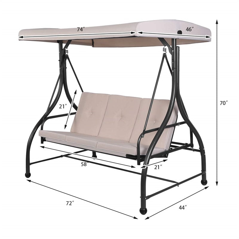 3 Seats Outdoor Patio Porch Swing Chair with Cushion Seat & Adjustable Tilt Canopy-Aldronix