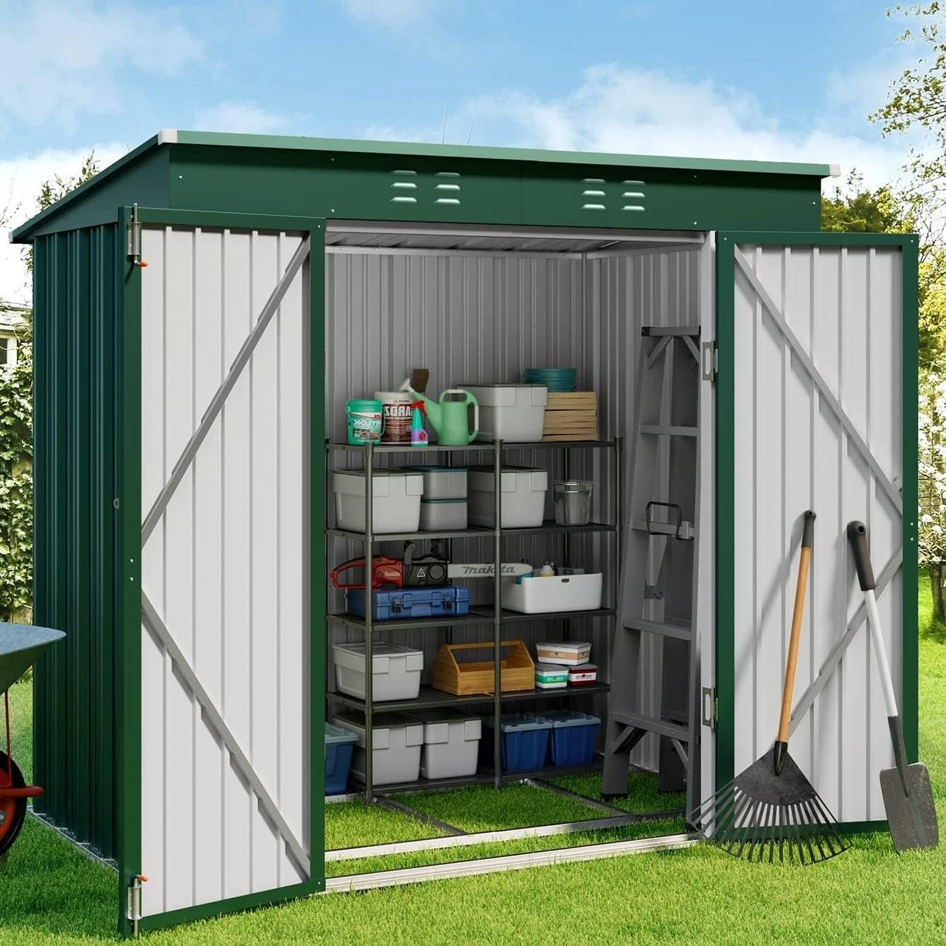 Outdoor Storage Shed with Double Lockable Doors and Base Frame, Green-Aldronix