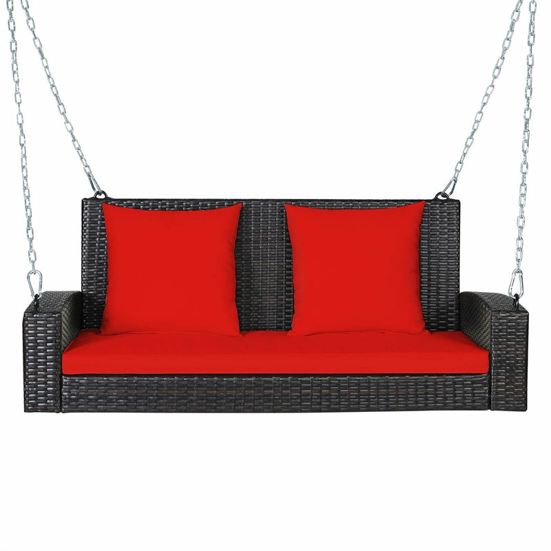 2-Person Outdoor Wicker Hanging Porch Swing Bench with 3 Cushions-Aldronix