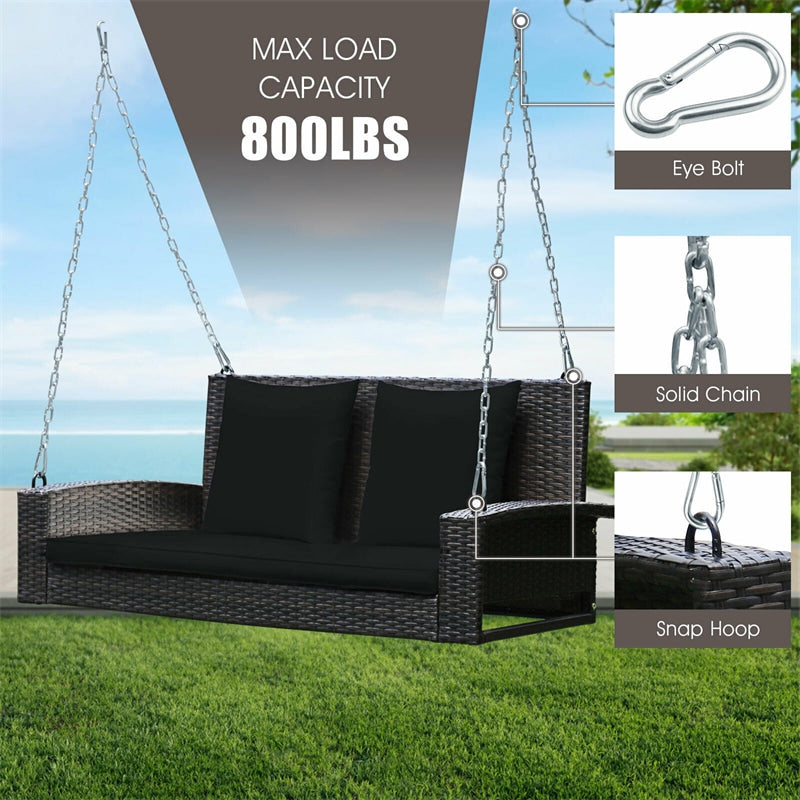 2-Person Outdoor Wicker Hanging Porch Swing Bench with 3 Cushions-Aldronix