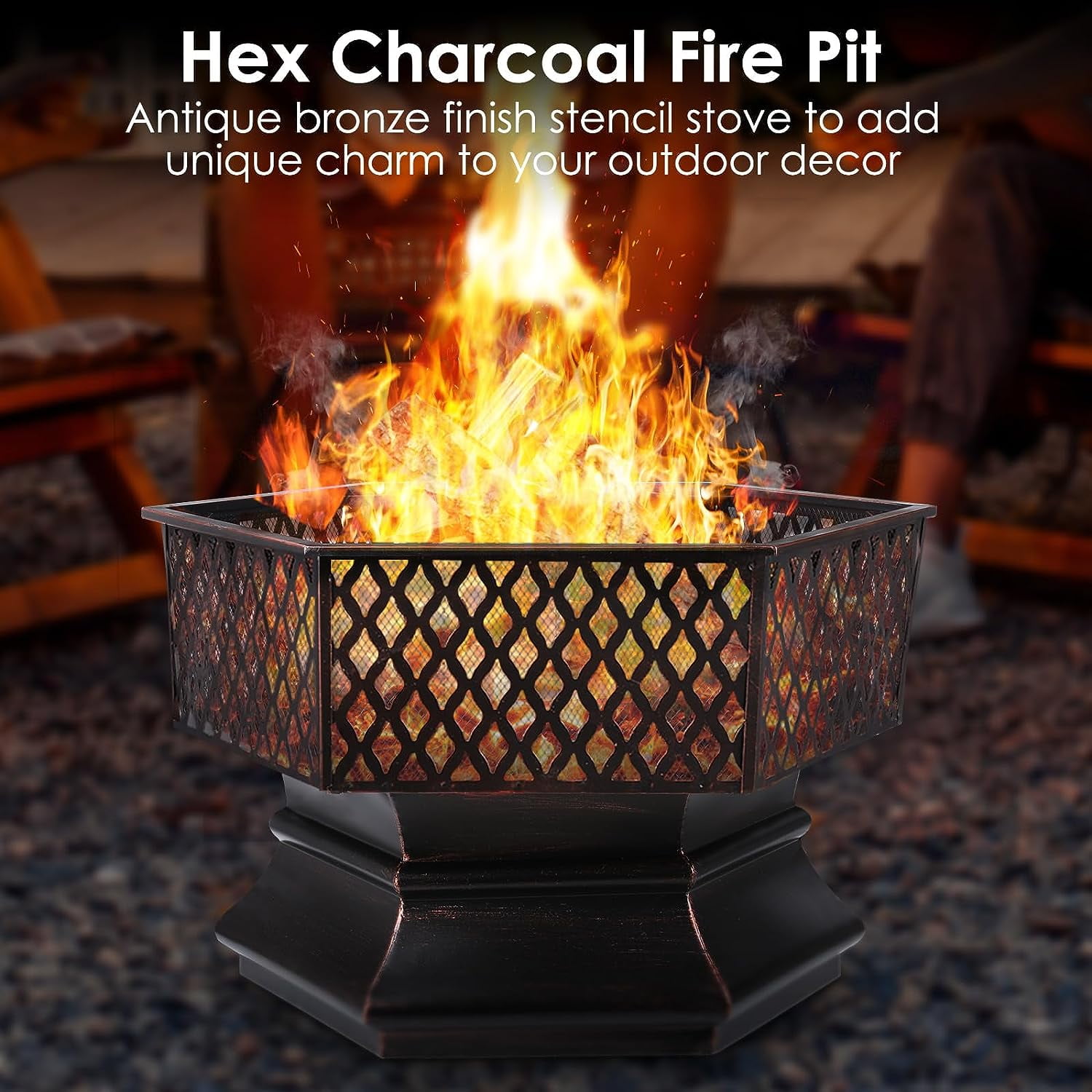 30'' Hex Shaped Steel Fire Pit for Outside, Wood Burning Fireplace Fire Bowl with Spark Screen & Fire Poker for Patio, Backyard, Camping-Aldronix