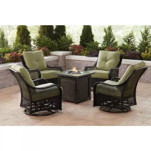 5-Piece Steel Patio Fire Pit Conversation Set with Navy Blue Cushions, Swivel Gliders and Square Fire Pit Table-Aldronix