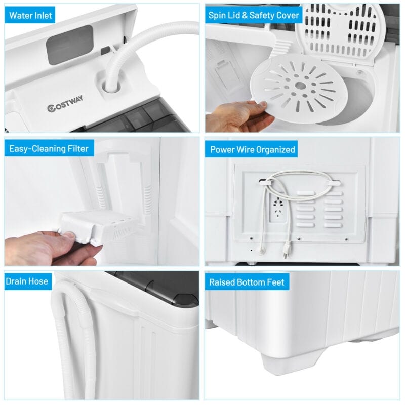 26lbs Portable Semi-automatic Washing Machine with Built-in Drain Pump Twin Tub Washer Dryer Combo-Aldronix