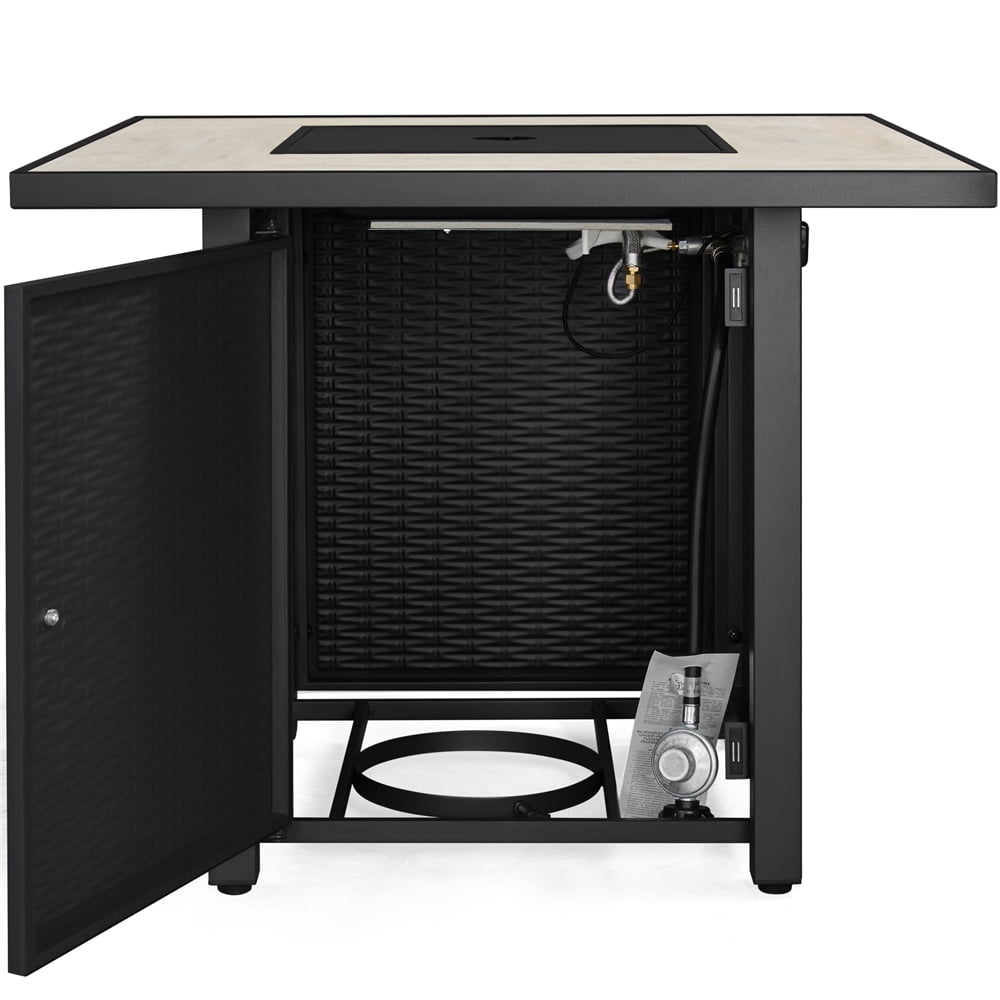 30'' Outdoor Square Propane Fire Pit Table 50,000 BTU Gas w/ Ceramic Rattan Pattern Steel Base Glass Black-Aldronix