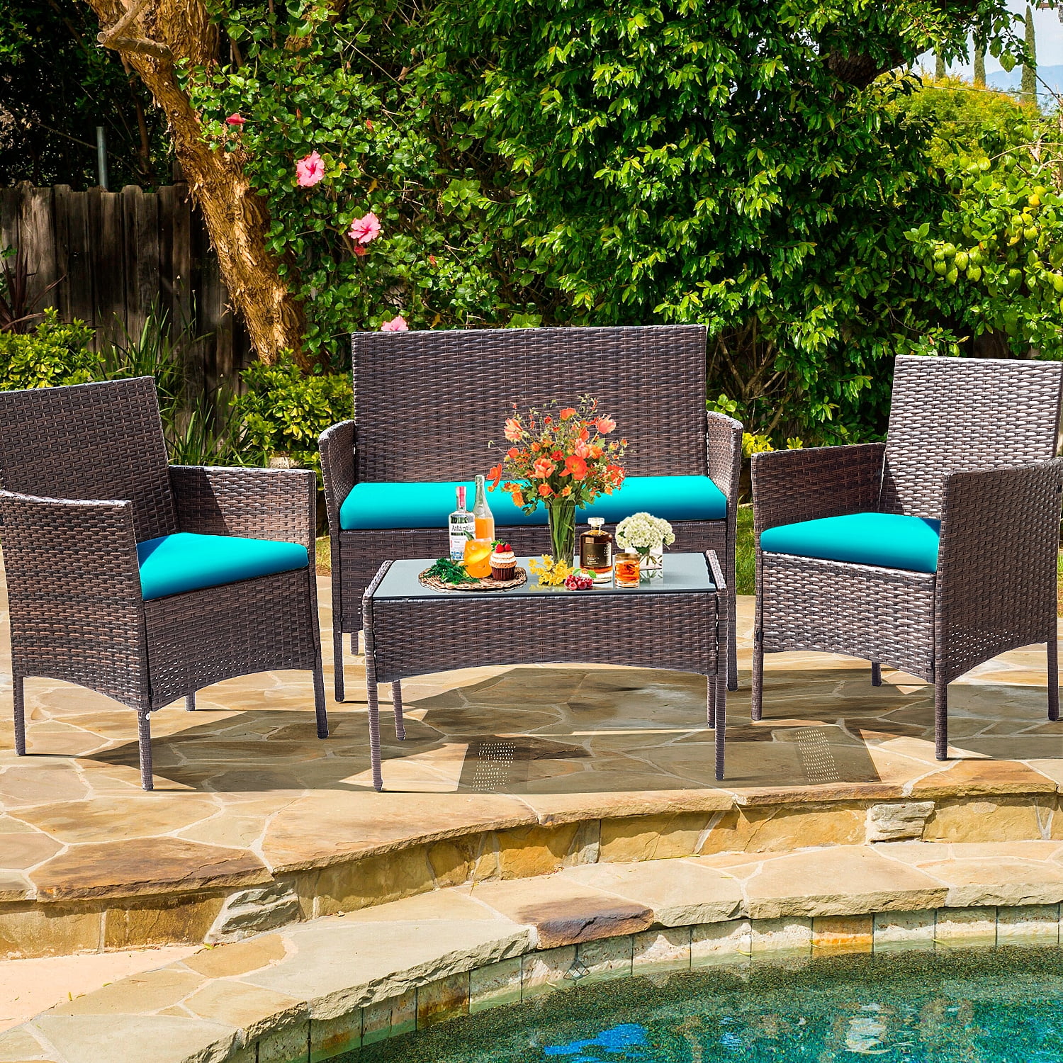 4 Pieces Patio Conversation Set Outdoor PE Rattan Wicker Chairs Set and Table, Brown-Aldronix