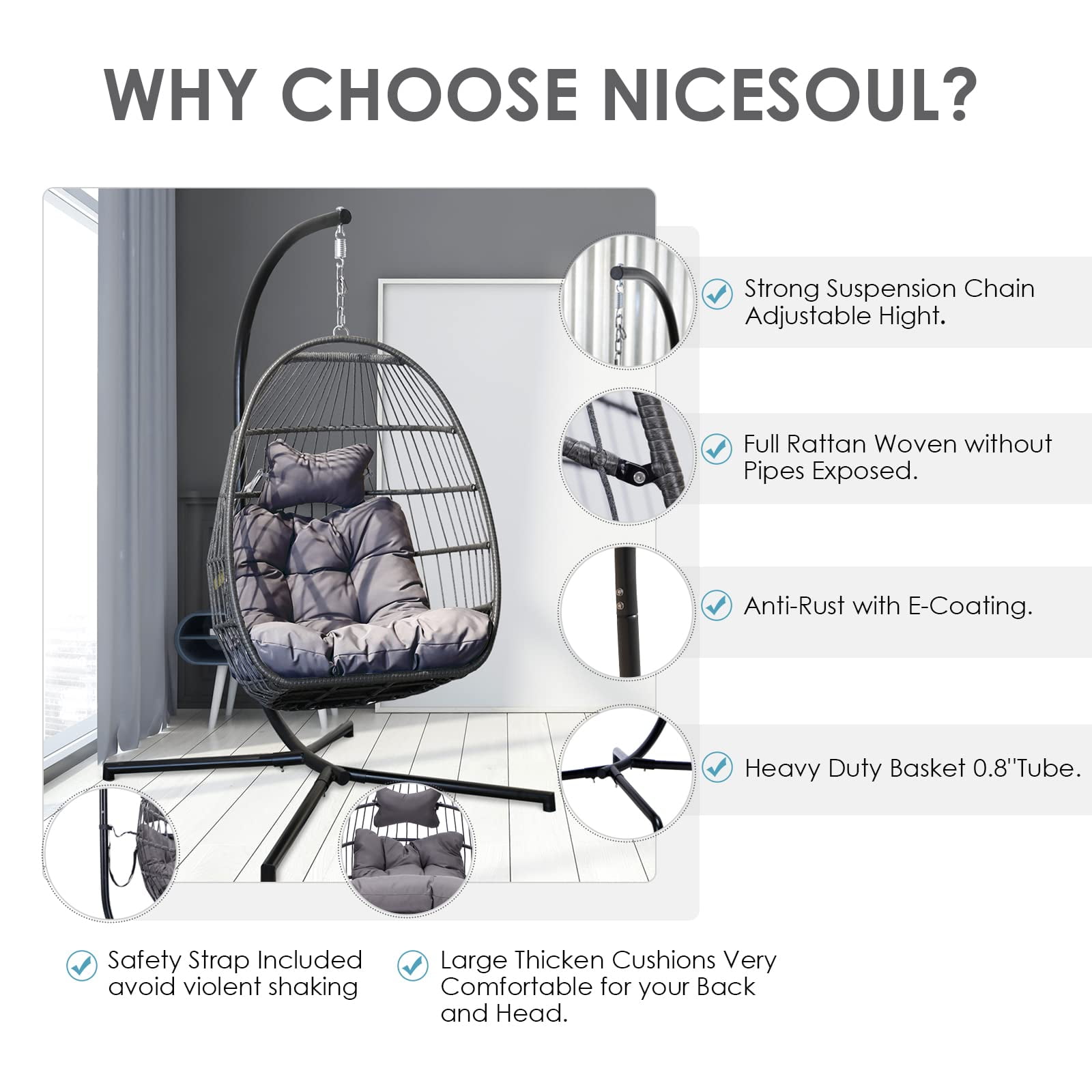 Swing Egg Chair Hanging Chair With Stand Grey Color 350 lbs Maximum Weight Foldable-Aldronix