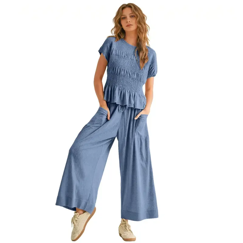 Women’s 2-Piece Smocked Top & Wide-Leg Pants Set-Aldronix