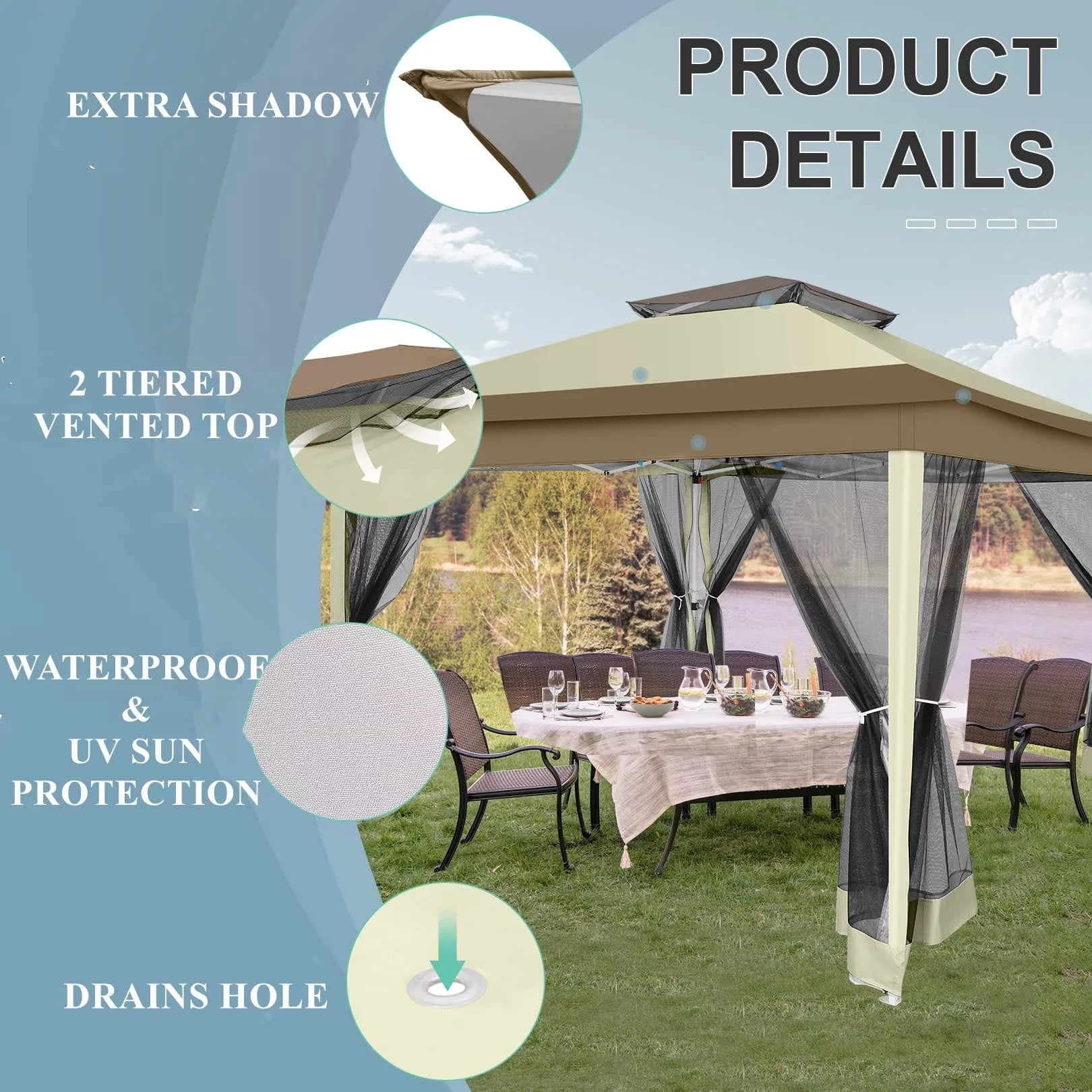 11x11 Pop up Gazebo Outdoor Canopy Gazebo Patio Gazebo with Mosquito Netting Canopy Shelter with 121 Square feet of Shade for Poolside, Garden, Party and Backyard, Khaki-Aldronix