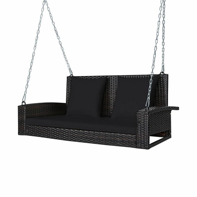 2-Person Outdoor Wicker Hanging Porch Swing Bench with 3 Cushions-Aldronix
