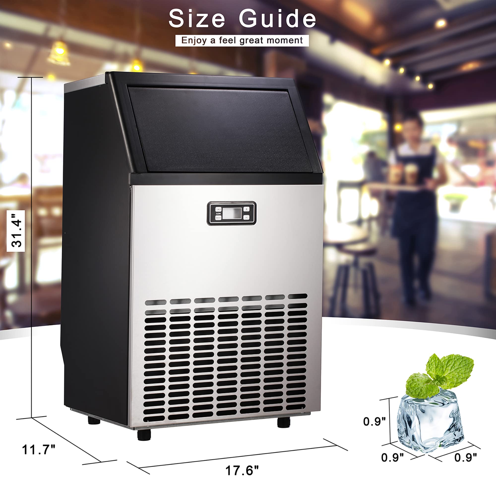 Ice Maker, Commercial Ice Machine,100Lbs/Day, Stainless Steel Ice Machine with 48 Lbs Capacity, Ideal for Restaurant, Bars, Home and Offices, Includes Scoop-Aldronix
