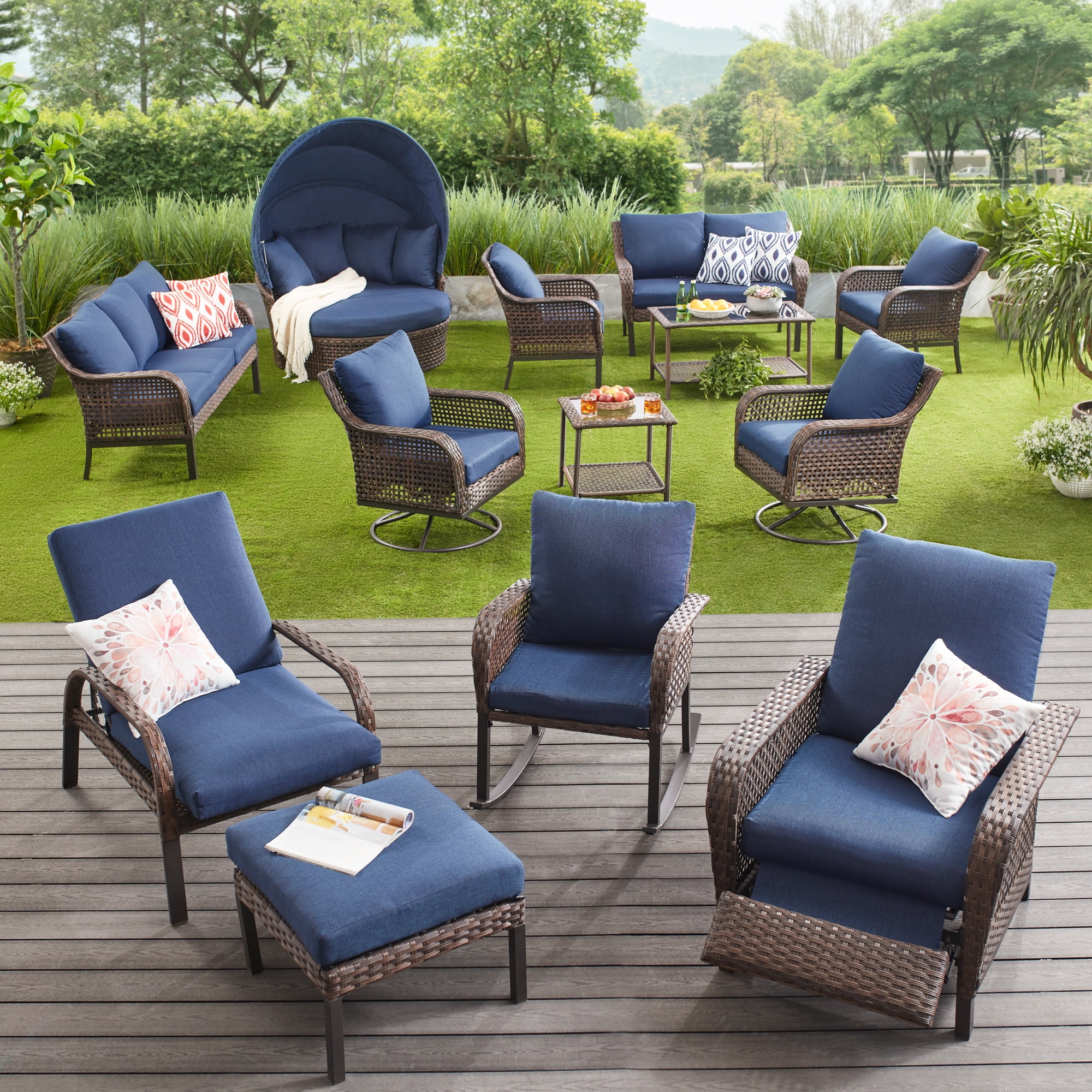 3-Piece Wicker Rocking Chair Outdoor Bistro Set, Blue-Aldronix