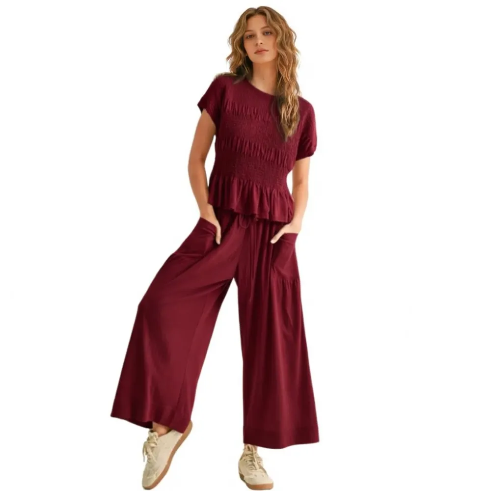 Women’s 2-Piece Smocked Top & Wide-Leg Pants Set-Aldronix