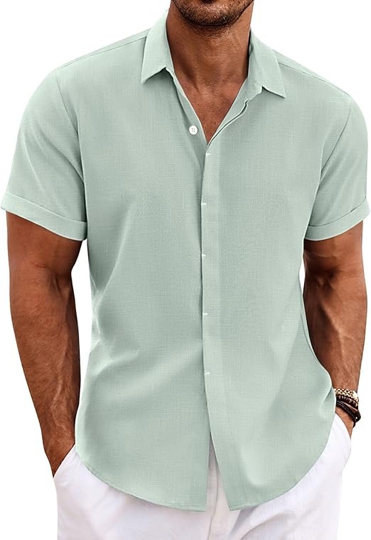 Men's Cotton Linen Short Sleeve Button Down Shirt