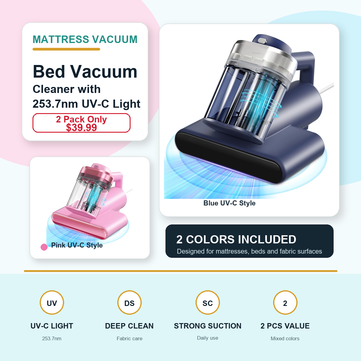 Mattress Vacuum Bed Vacuum Cleaner with 253.7nm UV-C Light