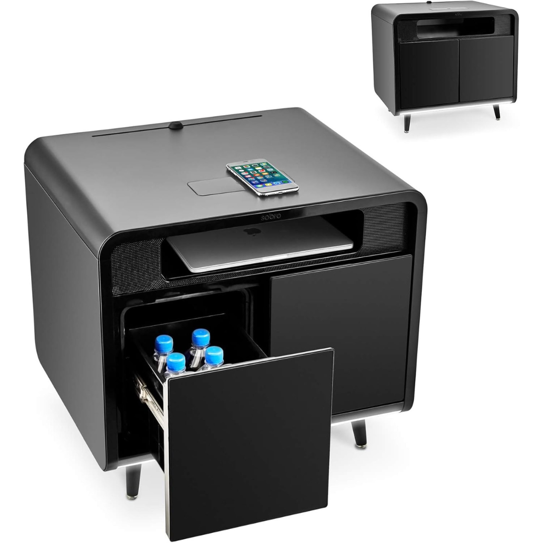 Smart Side/Nightstand Table - with Cooling Drawer, Wireless Charging, Bluetooth Speakers, USB-C and 120V outlets, LED Light-Aldronix