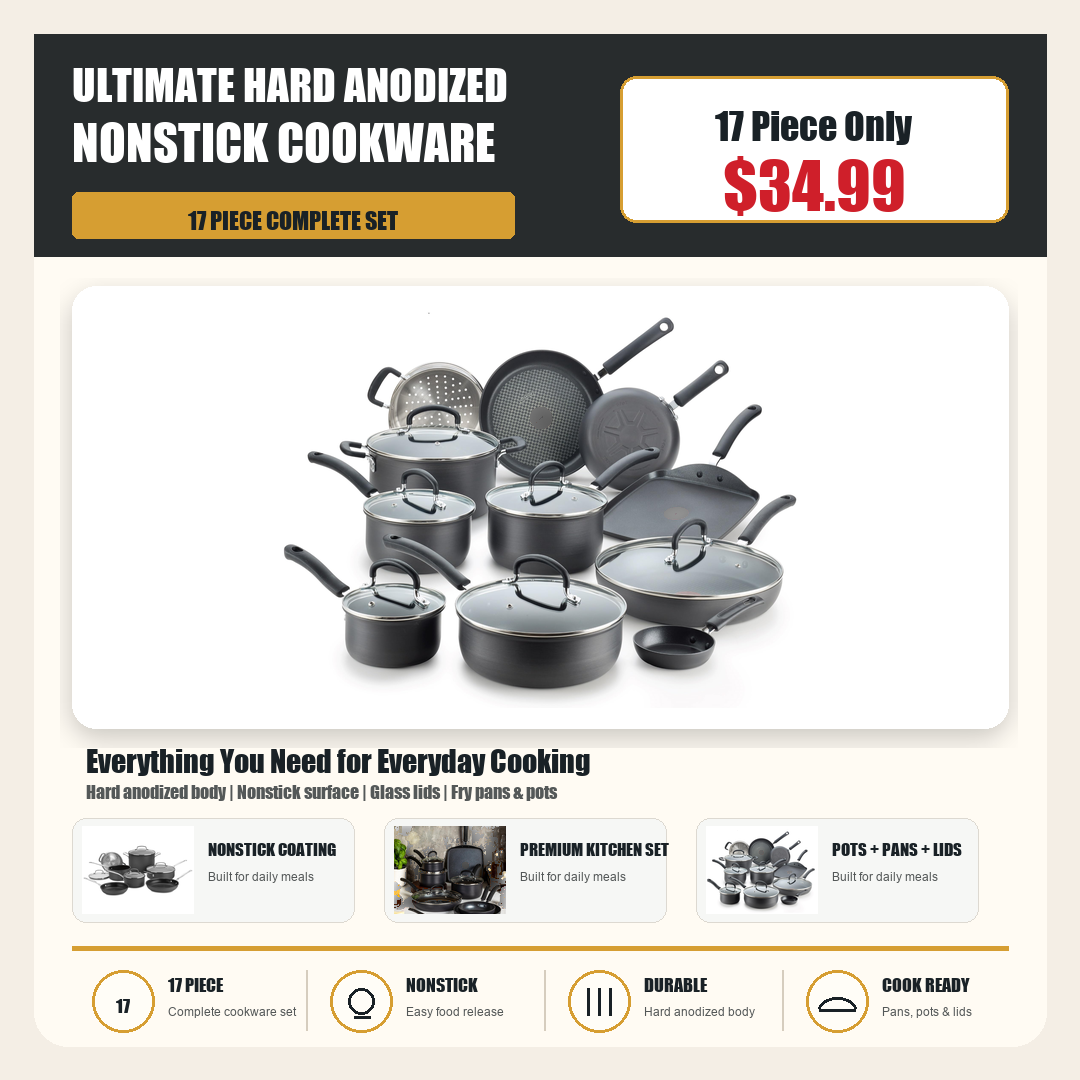 Ultimate Hard Anodized Nonstick Cookware Set 17 Piece