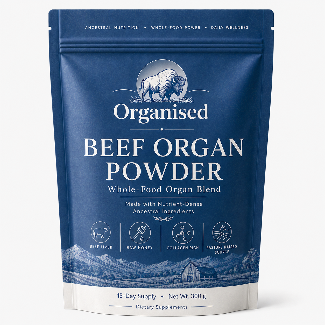 Organised Grass-Fed Beef Organ Protein Powder with Collagen & Colostrum, 13g Protein, Freeze-Dried Liver, Heart, Kidney, Lung & Spleen, Whole Food Blend, 15 Servings, 300g