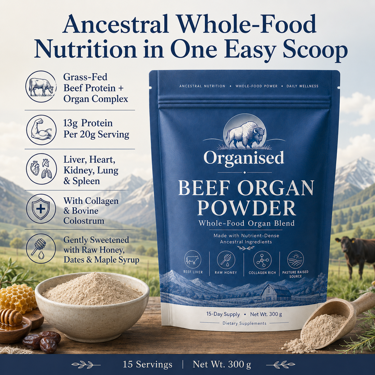 Organised Grass-Fed Beef Organ Protein Powder with Collagen & Colostrum, 13g Protein, Freeze-Dried Liver, Heart, Kidney, Lung & Spleen, Whole Food Blend, 15 Servings, 300g