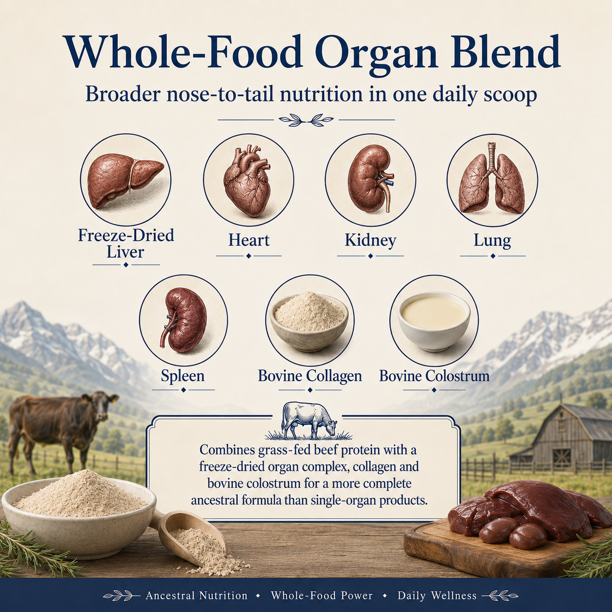 Organised Grass-Fed Beef Organ Protein Powder with Collagen & Colostrum, 13g Protein, Freeze-Dried Liver, Heart, Kidney, Lung & Spleen, Whole Food Blend, 15 Servings, 300g