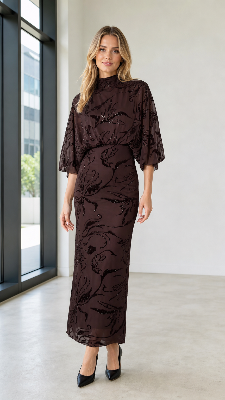 Front view of Dark Brown mock neck sequin floral maxi dress
