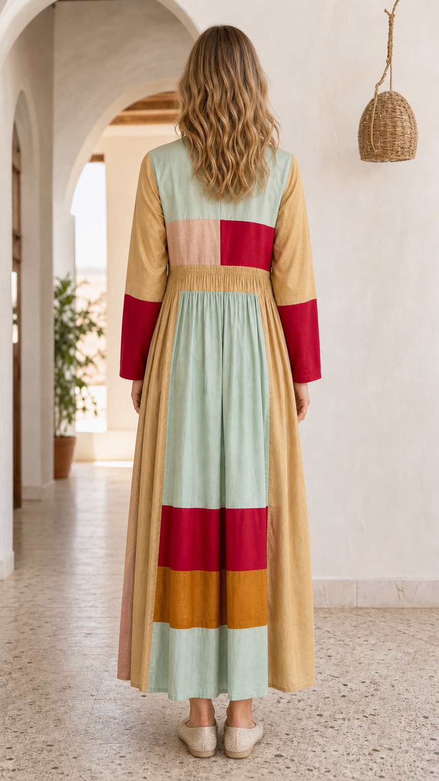 Back view of model showcasing the maxi length colorblock dress