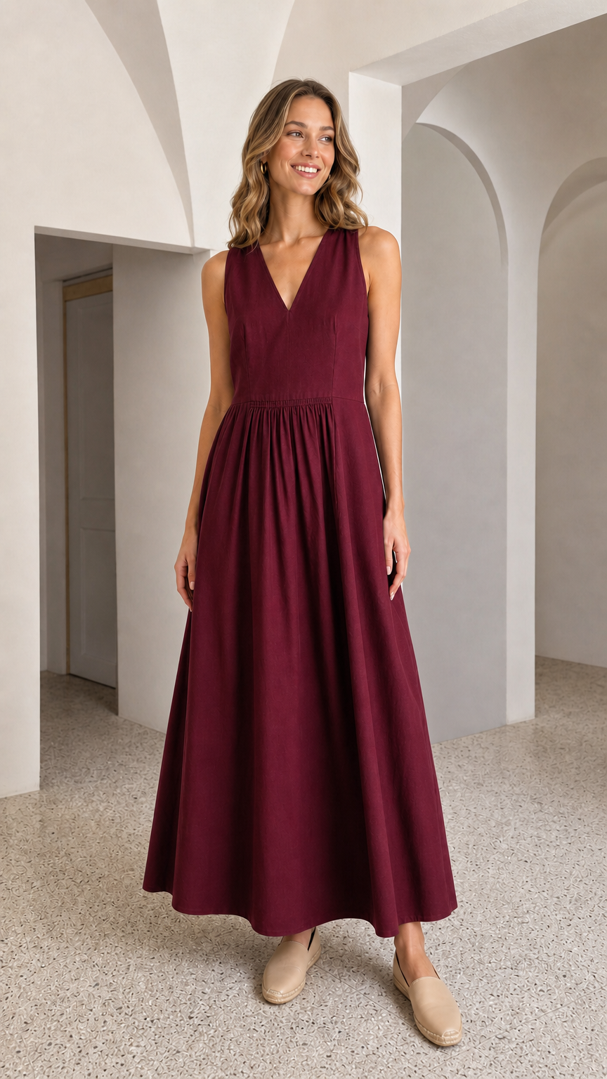 Woman wearing burgundy V-neck sleeveless maxi dress