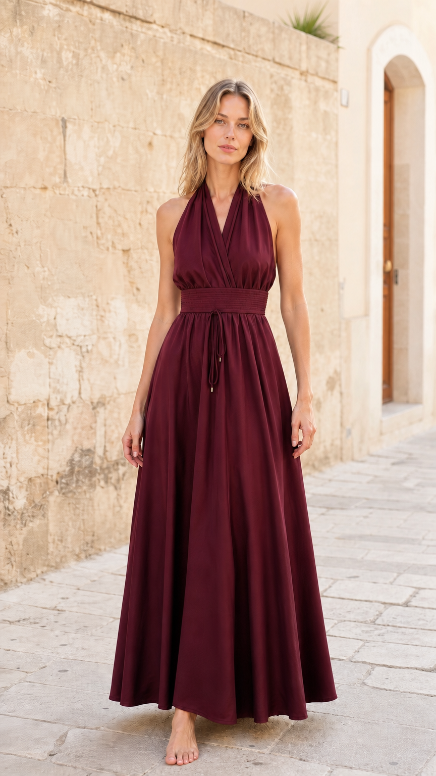 Womens burgundy halter neck maxi dress