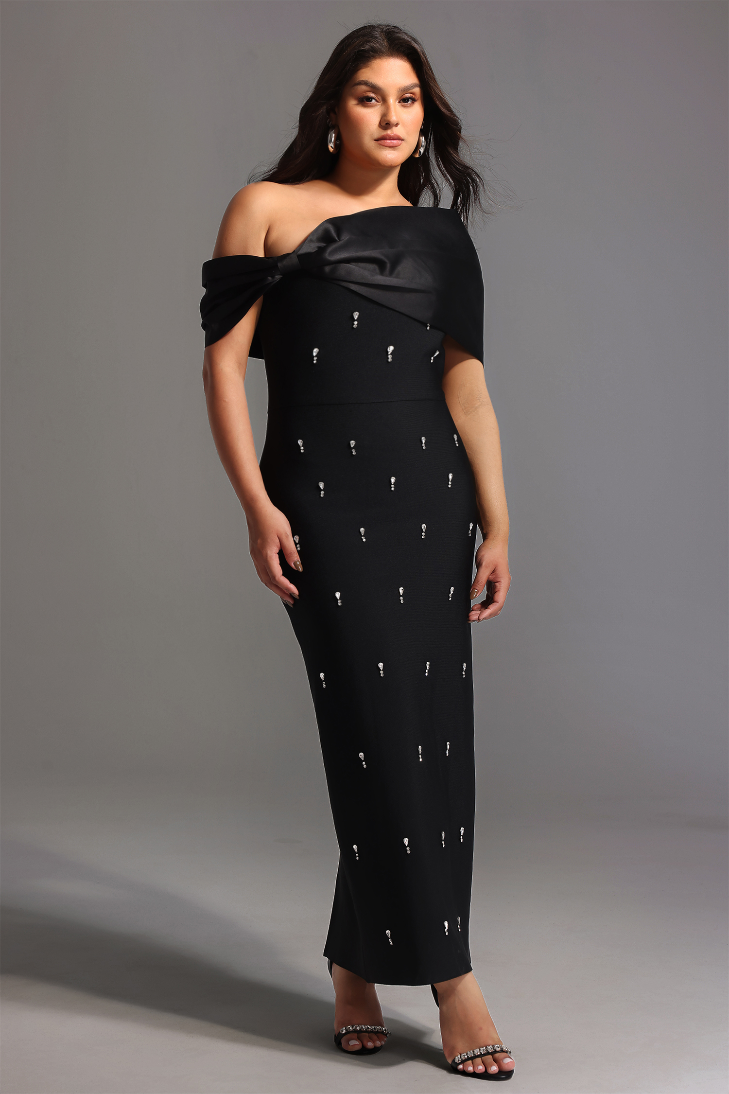 Palez Sleeveless One Shoulder Diamond Bow Bandage Maxi Dress