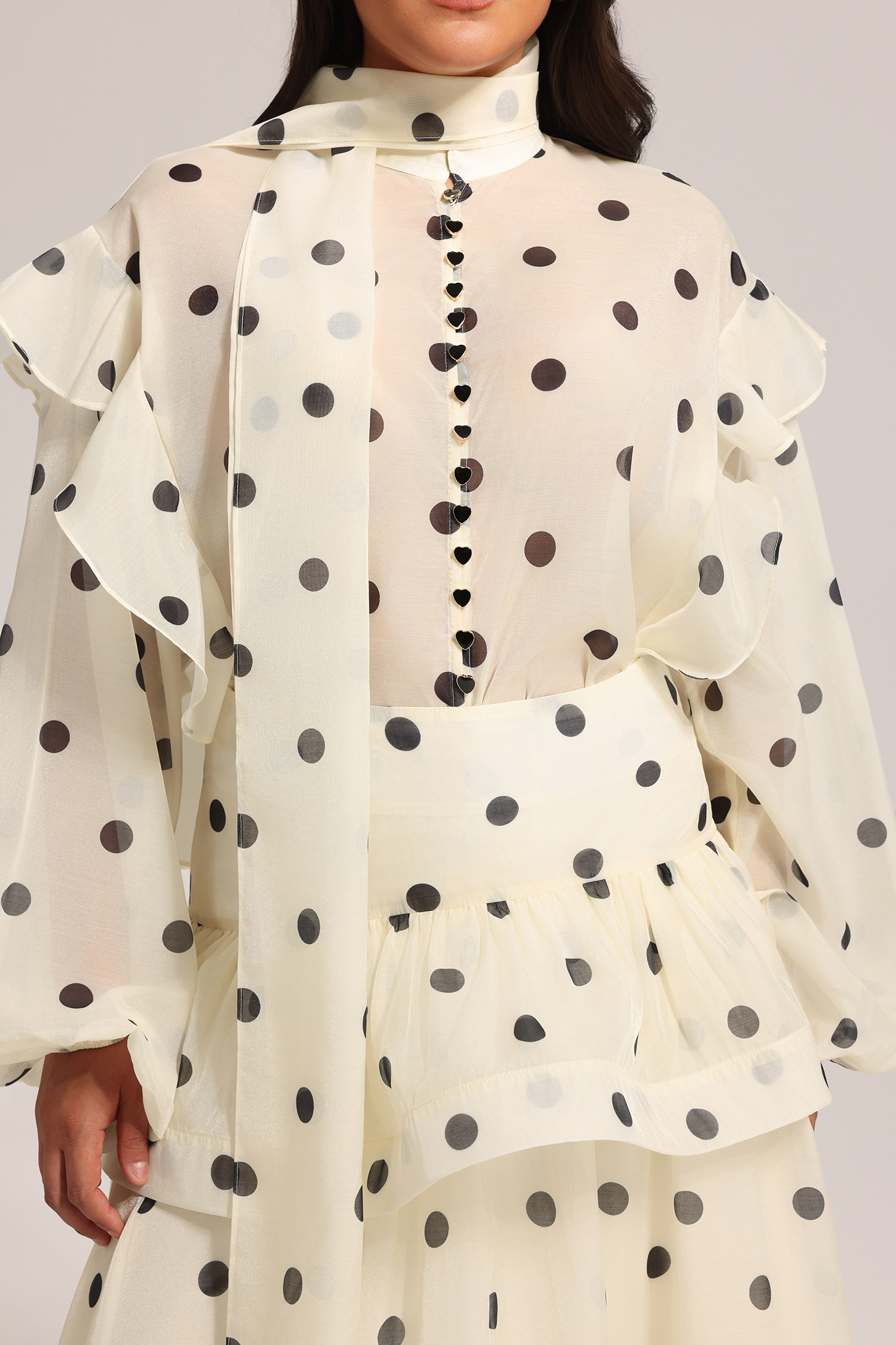 Rode Dot Printed Folds Long Sleeves Top And Skirt Two-Piece Set