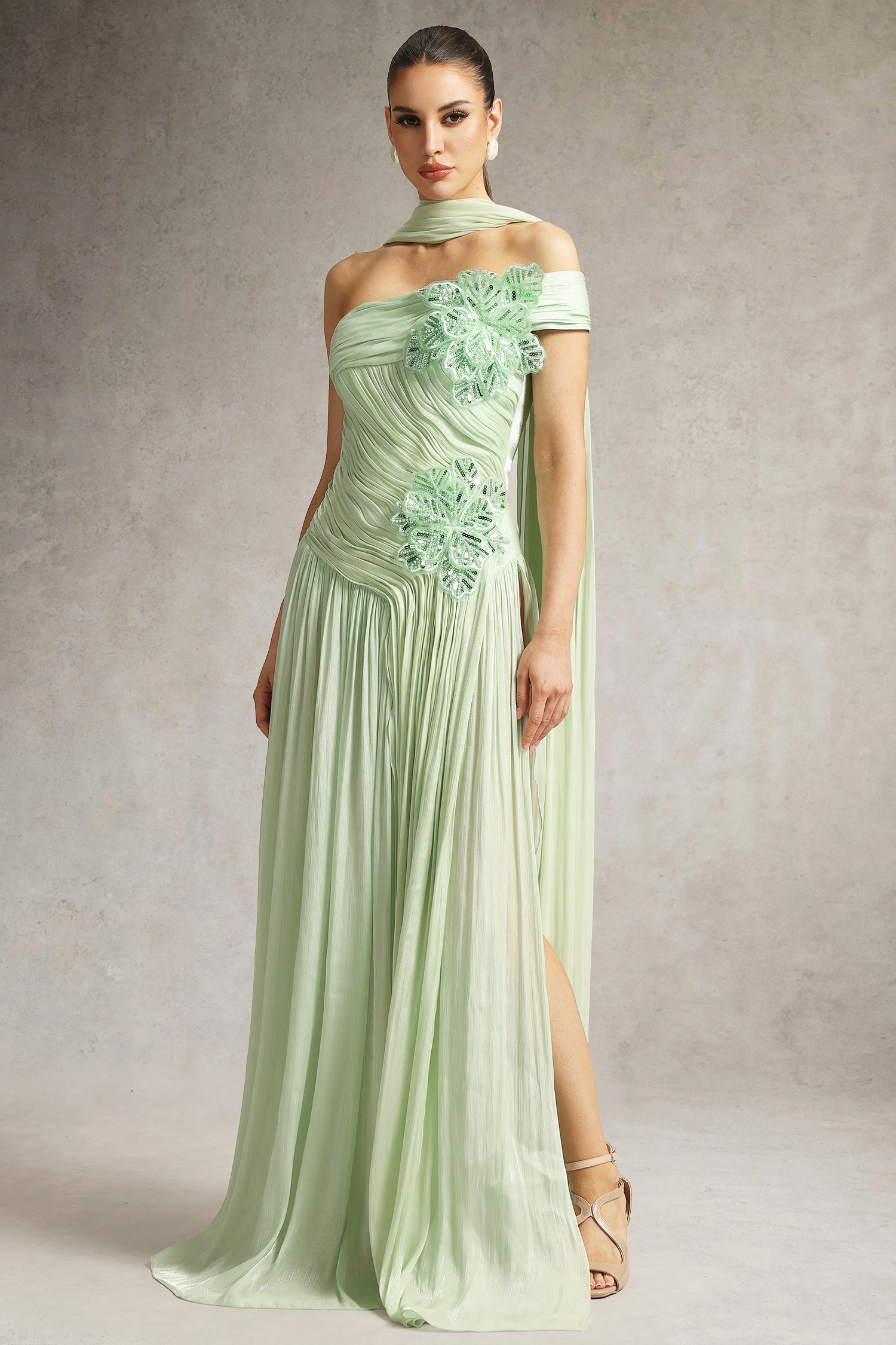 Mellies One Shoulder Floral Ruched High Slit Maxi Dress