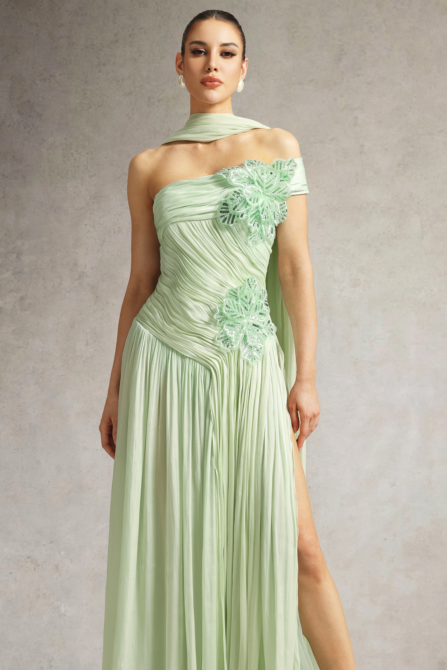 Mellies One Shoulder Floral Ruched High Slit Maxi Dress