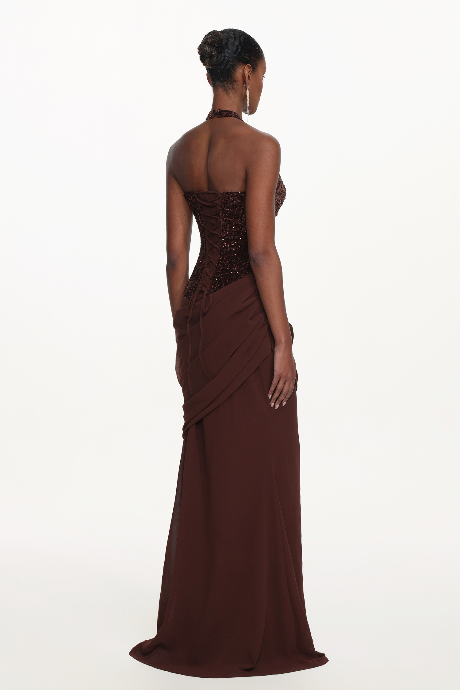 Theodora Chic Contour V Neck Halter Ruched Sequin Maxi Dress