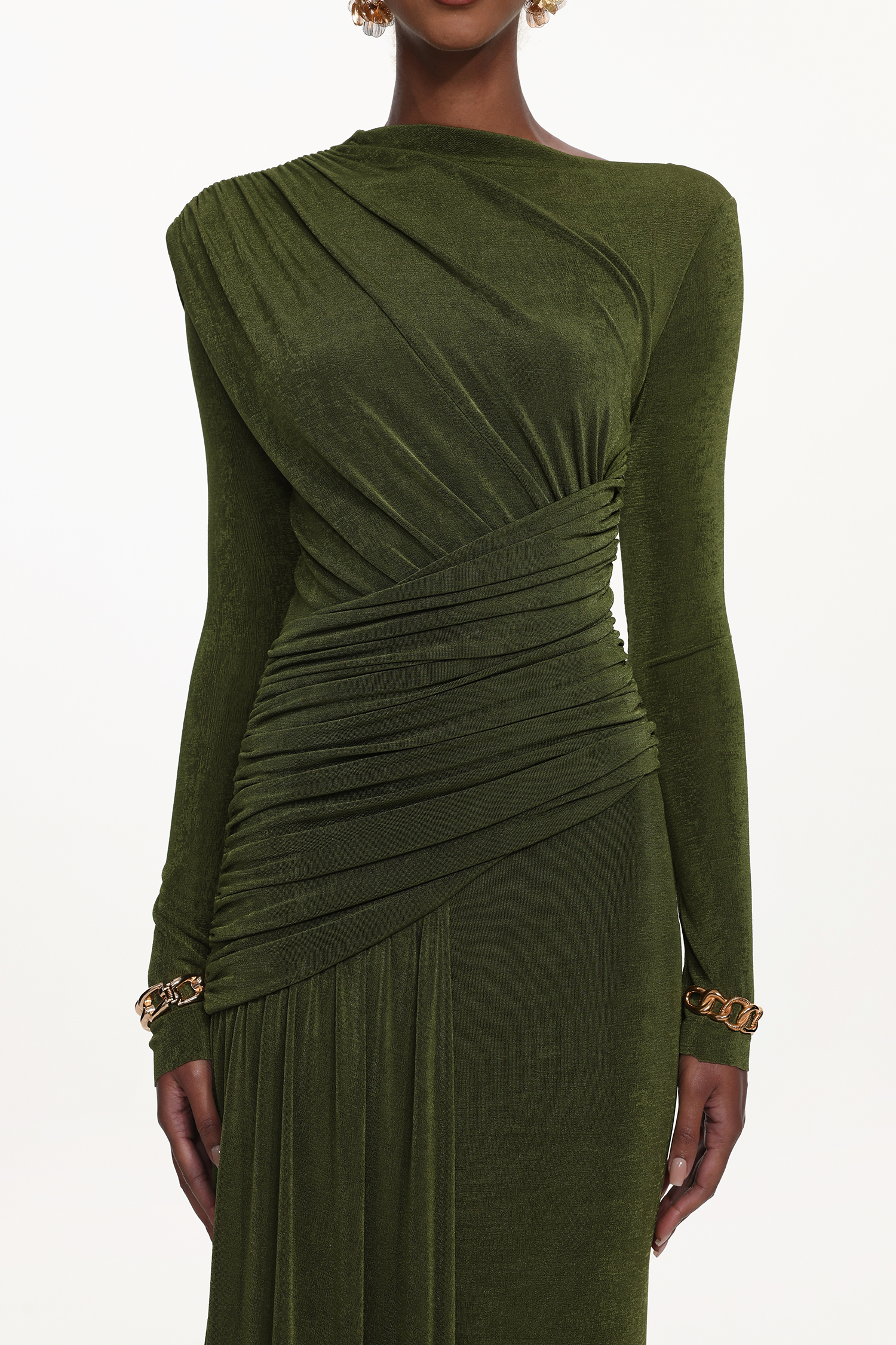 Tryphosa Elegant Contour Long Sleeve Ruched Knit Maxi Dress