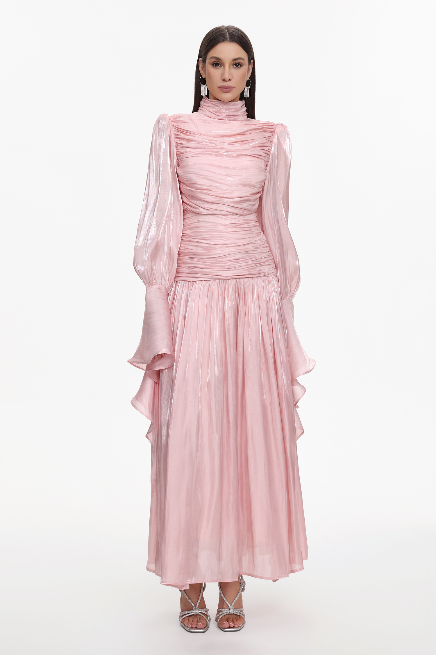 Viky Resort Waist-Defining Long Sleeve Ruched Woven Maxi Dress