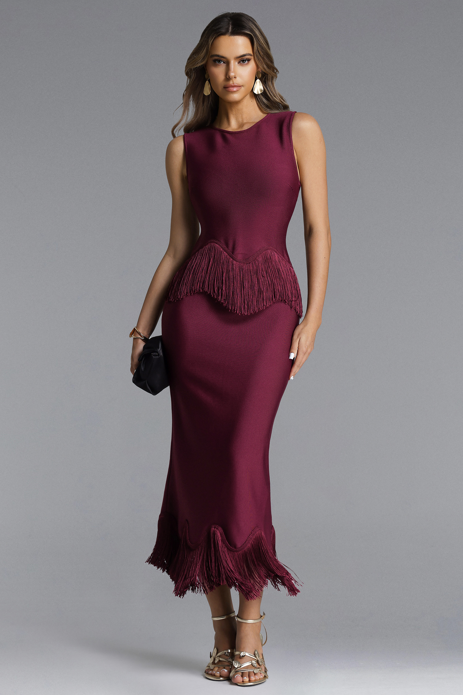 Wenesa Classic Tailored Sleeveless Fringe Bandage Maxi Dress