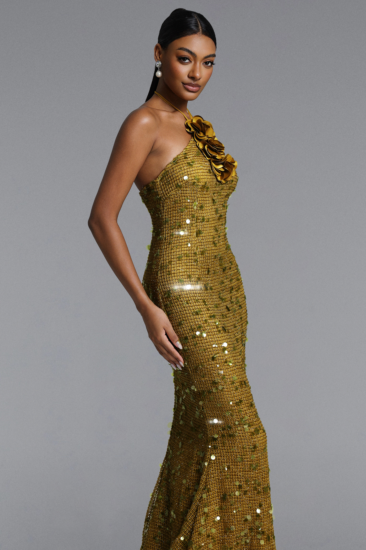 Liza Elegant Contour Halter Floral Sequin Maxi Dress