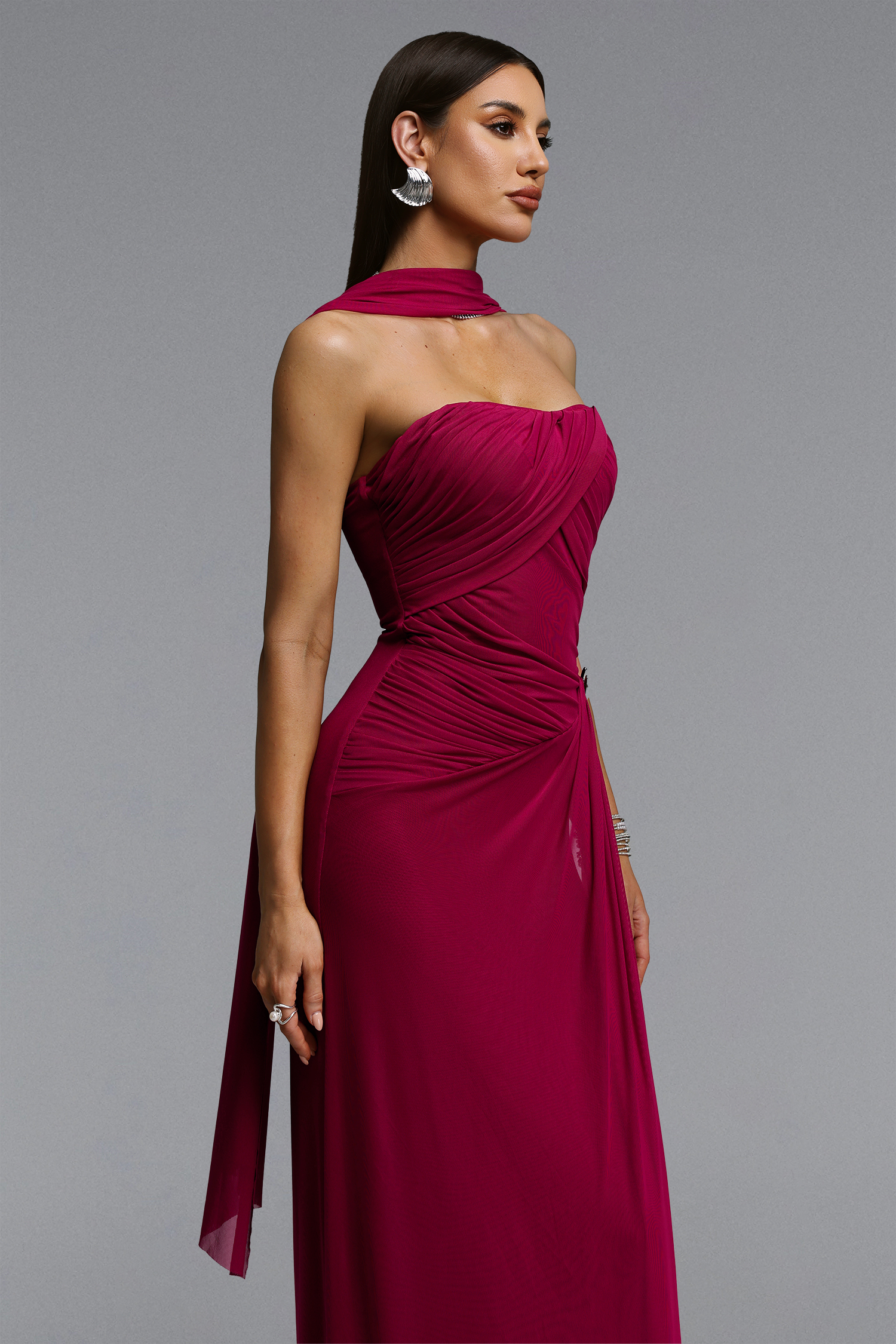 Yuma Elegant Flowy Strapless Cape Ruched Maxi Dress
