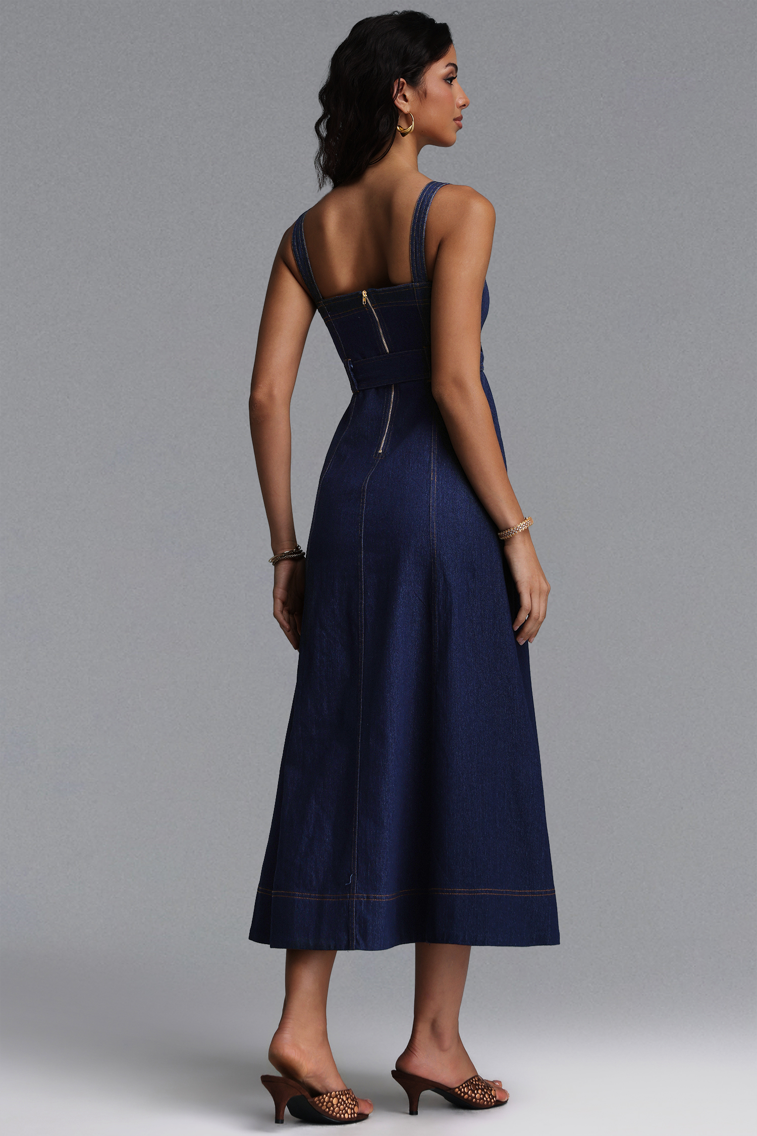 Lunia Elegant Cinched Sleeveless Denim Maxi Dress