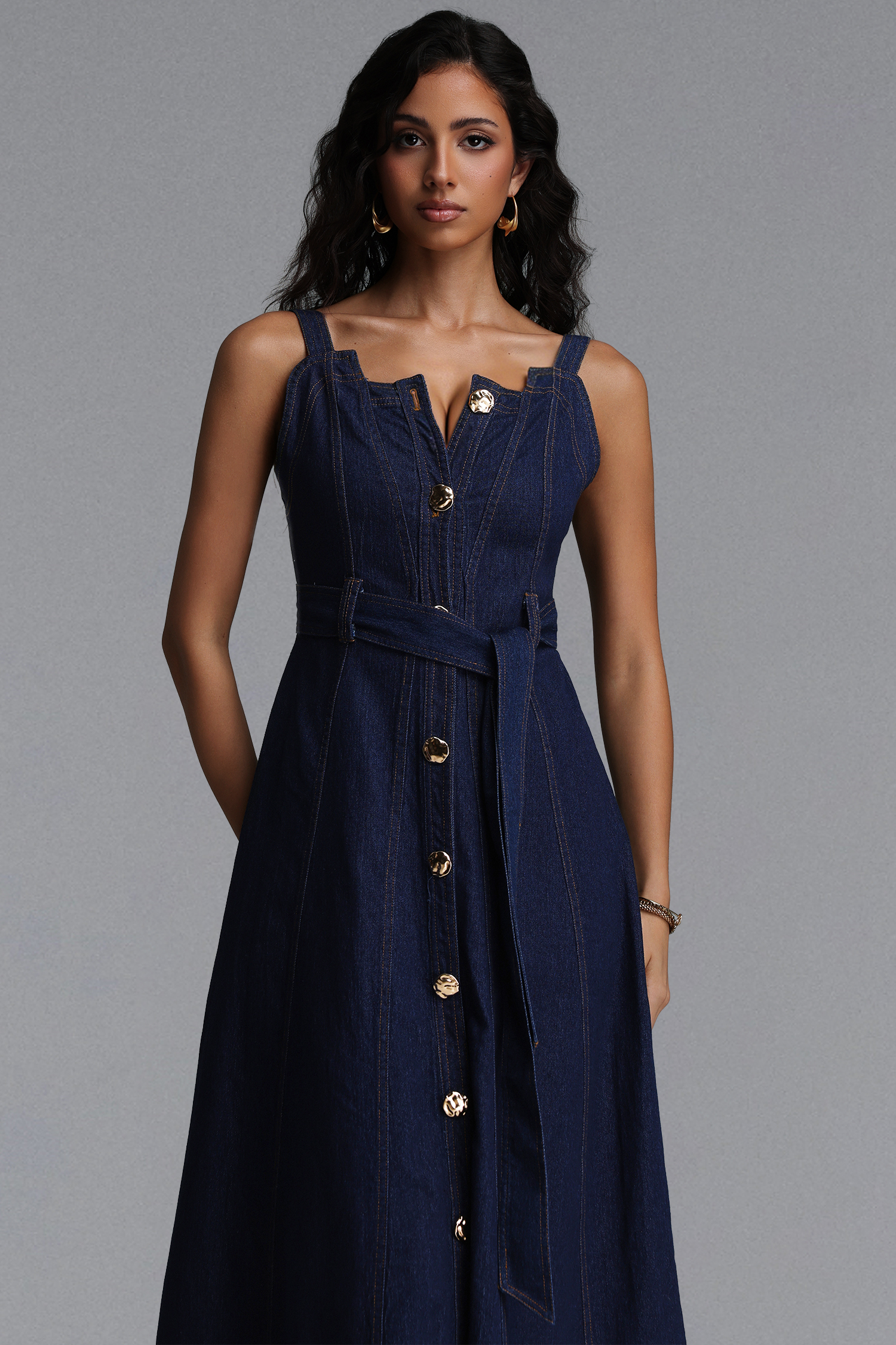 Lunia Elegant Cinched Sleeveless Denim Maxi Dress