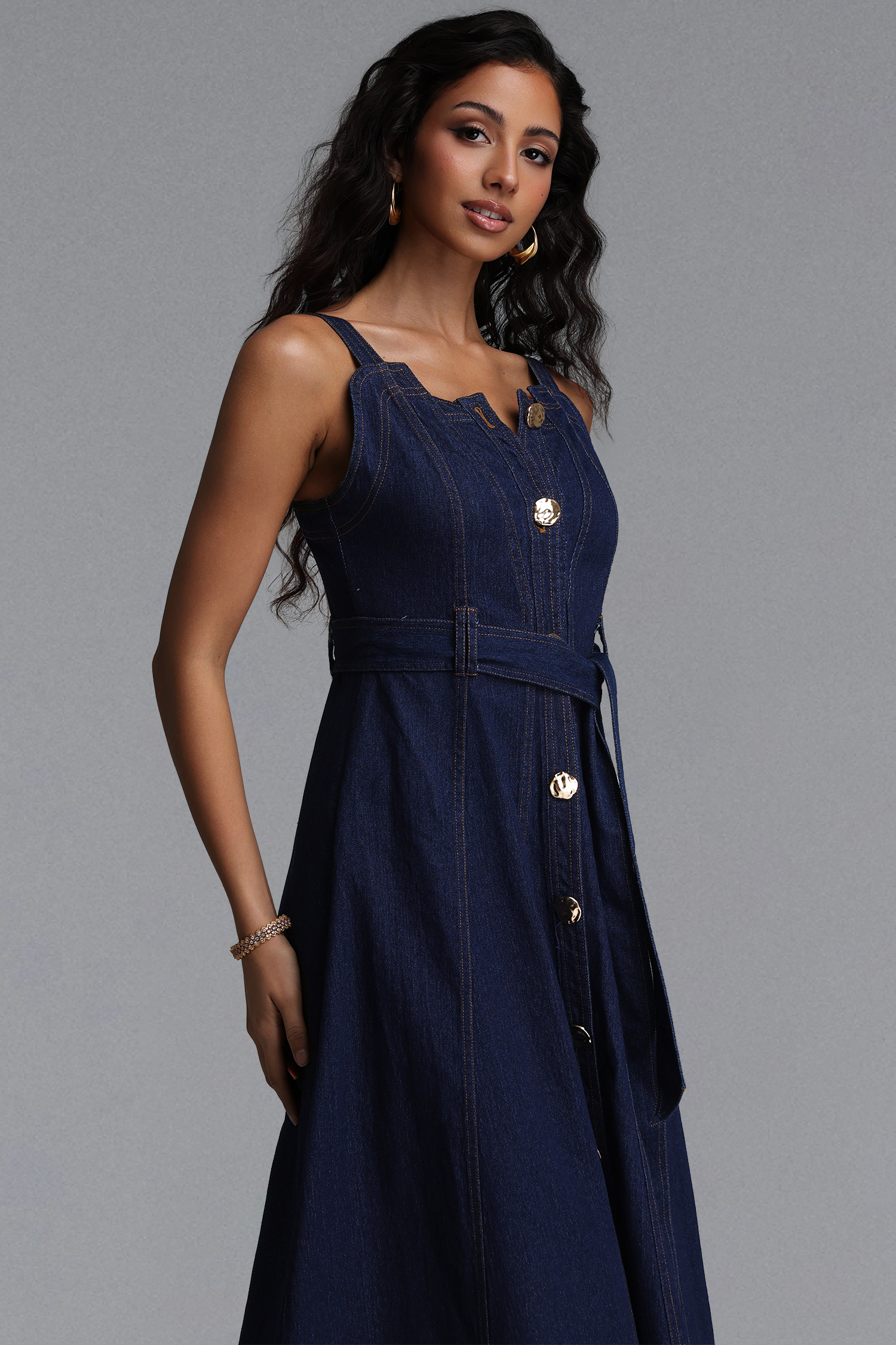 Lunia Elegant Cinched Sleeveless Denim Maxi Dress